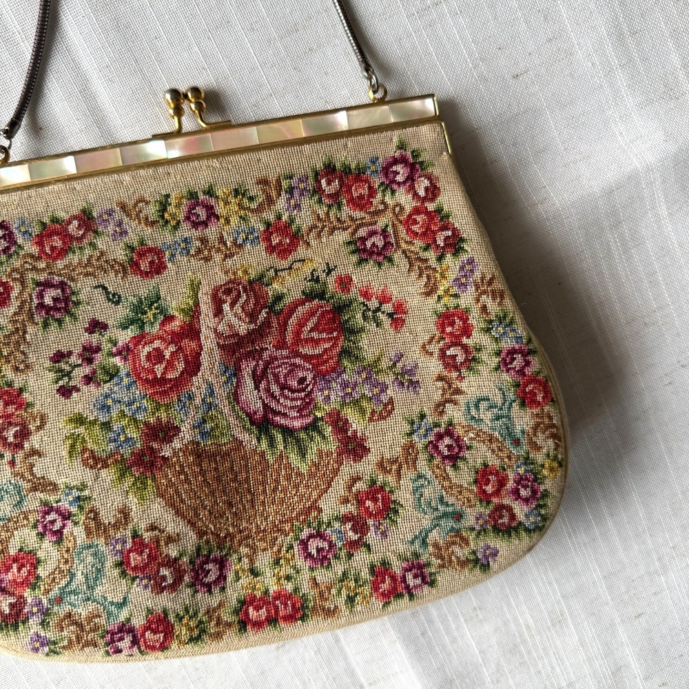 Vintage 1950s Petit Point Needlepoint Handbag Mother of Pearl Frame Cottagecore